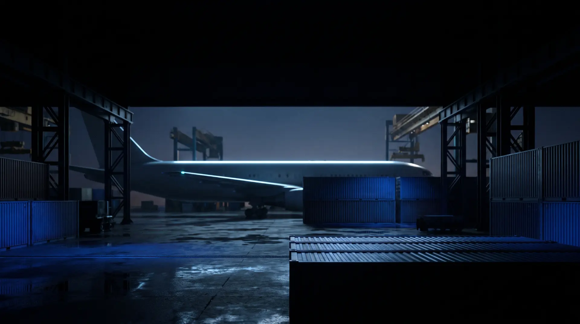 Aircraft and freight containers on a lit apron at night