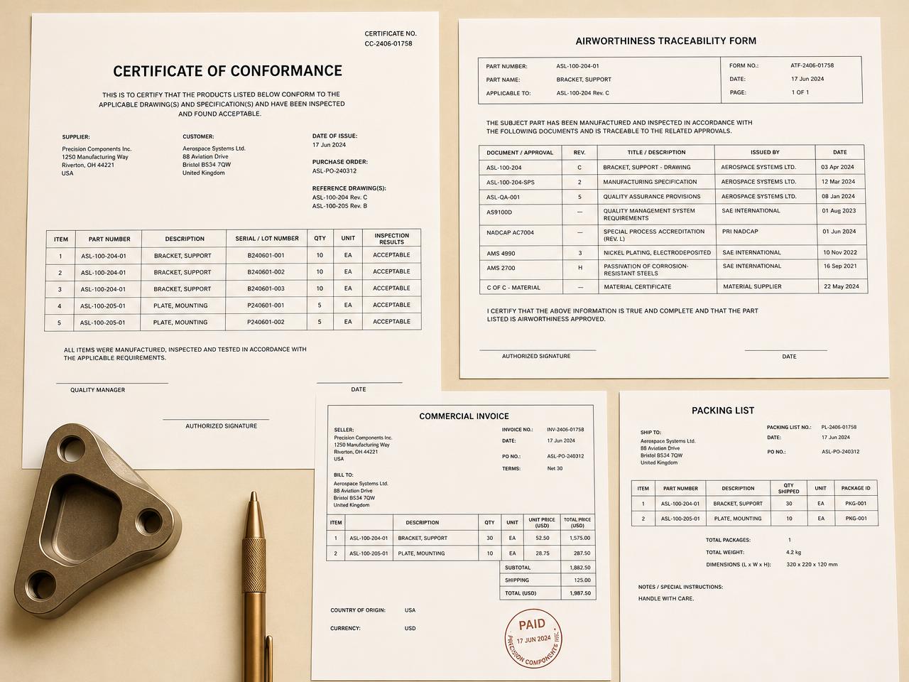 Certificate of conformance, airworthiness traceability form, commercial invoice, and packing list issued with an order